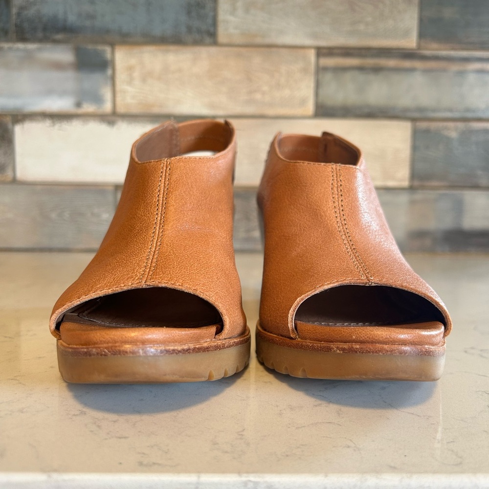 Sorel Nadia Camel Brown Leather Slingbacks Wedge Heeled Sandals - Picture 13 of 14